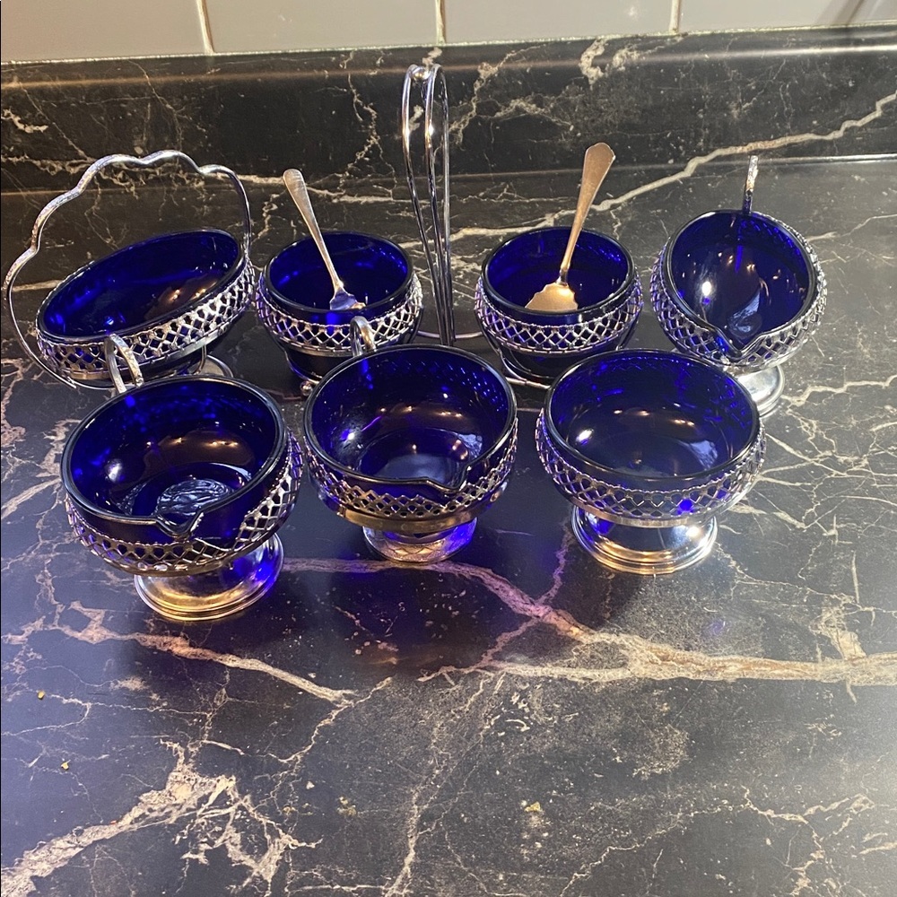 VINTAGE Stainless Chromium
Silver Plate Cobalt Blue Glass - Set of 7